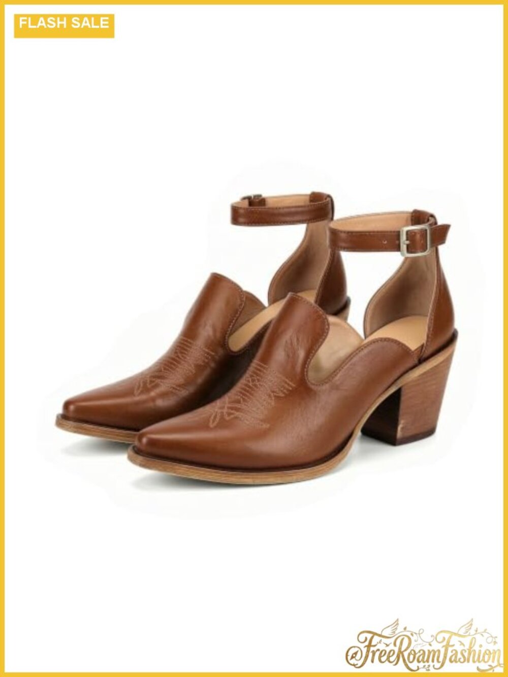 Women's Cowboy Heeled Sandals Pointed Toe Ankle Strap Summer Western Heels